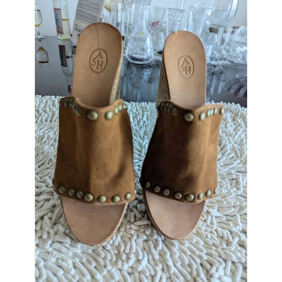 ASH Suede Studded Platform Straw Wicker Wedge Heels Sandal  Sz 38 - Picture 2 of 10